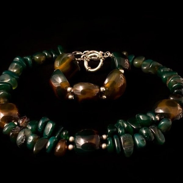 Natural Agate necklace and bracelet, Sterling silver beads and clasps, green-brown agate, natural stones jewelry