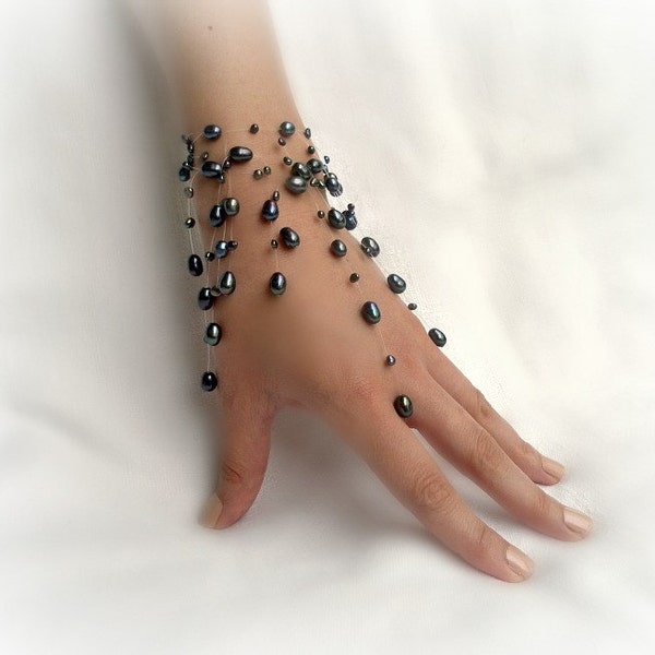 Floating Black Pearl Bracelet, Wedding Jewelry