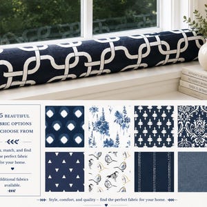 May include: A long, cylindrical navy blue window draft stopper featuring a white geometric interlocking pattern. Below, a grid displays eight fabric swatches in various blue and white patterns, including floral, bird, and damask designs.