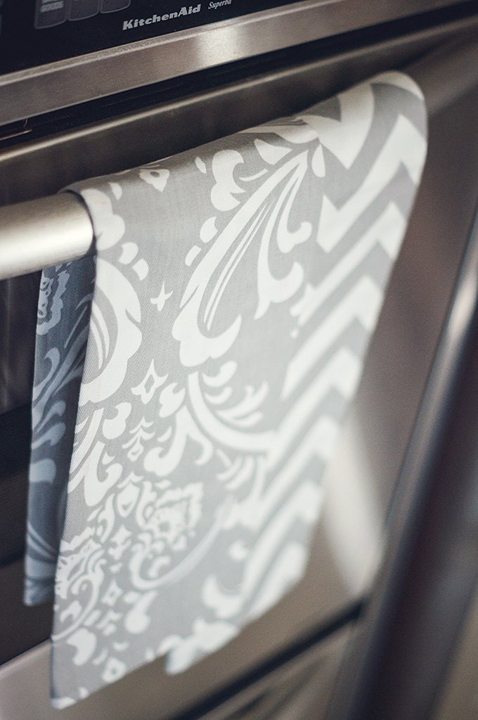 Kitchen Hand Towels set of 2 Damask Grey & Chevron Grey Etsy