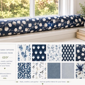 May include: A long, cylindrical fabric draft stopper featuring a navy blue background with a white floral vine pattern. Below, a grid displays 45 fabric options in various blue and white patterns, including floral, geometric, and bird motifs.
