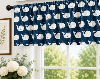 Whale Window Valance – Nautical Bathroom Curtain, Coastal Kitchen Valance, Beach House Window Treatment, Blue Whale Curtain, Custom Size
