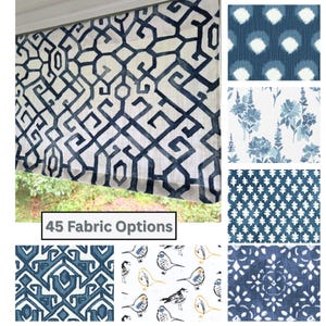 May include: A window treatment with a large, geometric blue and white pattern is displayed. The image also shows several fabric swatches with various blue and white designs, including floral, polka dot, and bird patterns. The text "45 Fabric Options" is visible.
