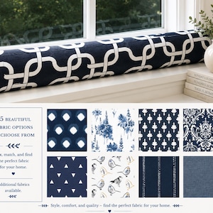 May include: A long, cylindrical navy blue and white geometric patterned window cushion placed on a sill. Below, a grid displays eight fabric swatches featuring various blue and white prints, including floral, bird, and abstract designs with text.