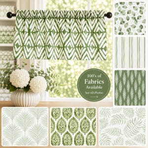 May include: A rod pocket window valance featuring a green and white geometric diamond pattern. The image also displays a collection of fabric swatches with various botanical prints, including leaves, stripes, and ferns, alongside a vase of flowers.