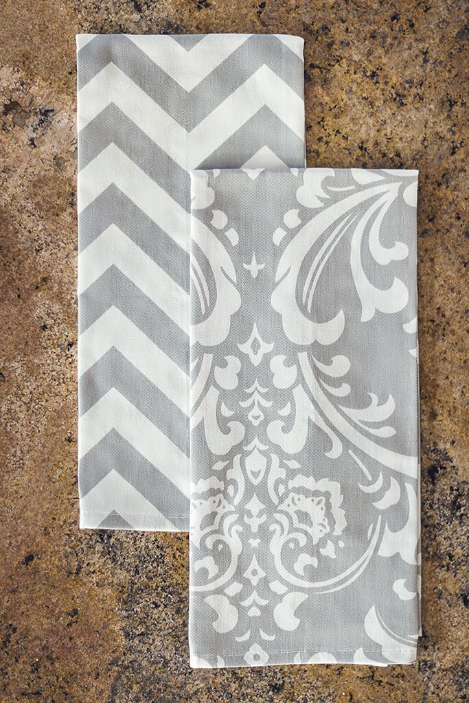 Kitchen Hand Towels set of 2 Damask Grey & Chevron Grey Etsy