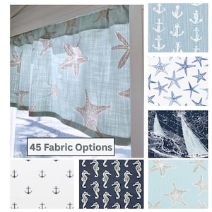 Blue Starfish Valance for Window - Nautical Kitchen Curtains, Beach House Window Treatment, Coastal Cottage Bathroom Valance, Custom Drapery