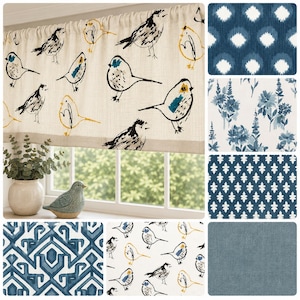 May include: A window valance featuring a cream-colored fabric with a repeating pattern of black and yellow line-drawn birds. The set includes additional fabric swatches displaying blue and white geometric, floral, and solid patterns.