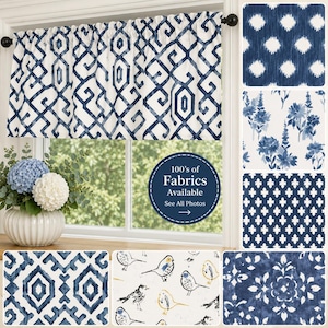 May include: A window valance featuring a dark blue and white geometric lattice pattern hanging on a black rod. The image includes a circular text overlay stating 100's of Fabrics Available See All Photos and several fabric swatches in blue and white.