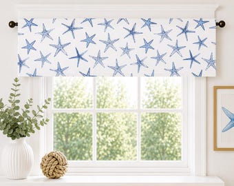 Blue Starfish Valance for Window - Nautical Kitchen Curtains, Beach House Window Treatment, Coastal Cottage Bathroom Valance, Custom Drapery