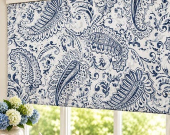 Blue Paisley Window Valance – Boho Kitchen Curtain, Custom Bathroom Valance, Contemporary Window Treatment for Kitchen or Bath