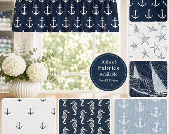 Coastal Blue Window Valance, Nautical Kitchen Curtain, Beach House Window Treatment, Cottage Bathroom Valance, Custom Size Drapes