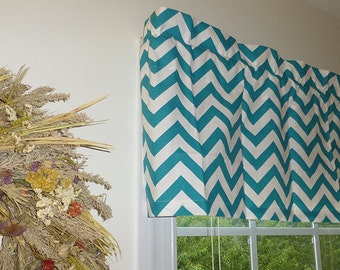 Teal Window Valance - Teal Window Curtains  - Teal Valances - Chevron Teal Window Valance 52 x 16 with Ruffled Top