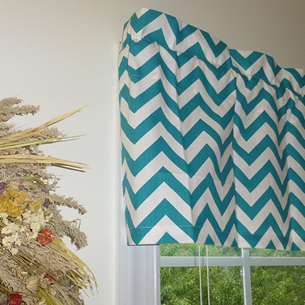 Teal Window Valance - Teal Window Curtains  - Teal Valances - Chevron Teal Window Valance 52 x 16 with Ruffled Top