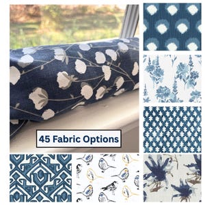 May include: A display of various fabric patterns in shades of blue and white. The main fabric features a floral design. The image includes a text box that reads "45 Fabric Options".