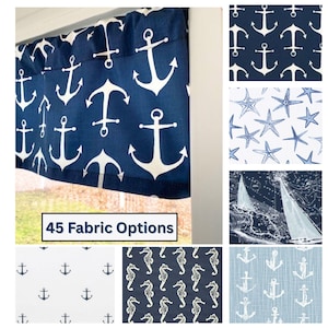 May include: A collage of 45 different fabric options for curtains or valances. The fabrics feature nautical themes with anchors, seahorses, sailboats, and starfish in various blue and white patterns. The text "45 Fabric Options" is displayed in the center of the image.