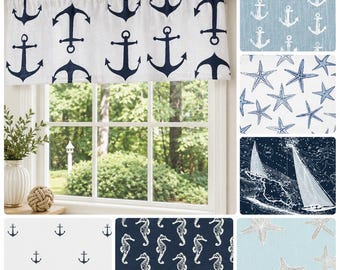 Blue Window Valance – Coastal Kitchen Curtain, Nautical Window Treatment, Custom Cottage Valance, Beach House Drape, Lake Bathroom Curtains