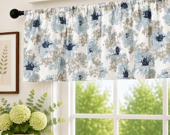 Blue Floral Window Valance, Rod Pocket Kitchen Curtain, Cottage Window Treatment Farmhouse, Gray Floral Curtain, Custom Valance Handmade
