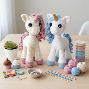 May include: Two crocheted unicorn figurines with pink and blue manes, standing on a wooden surface. The unicorns have white bodies, pink and blue hooves, and golden horns. Additional items include cupcakes, yarn, and crochet hooks.