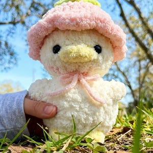 Könnte beinhalten: Ein weißes Plüsch-Entenspielzeug mit einem rosa Hut und einer Schleife. Die Ente hat einen gelben Schnabel und schwarze Augen. Der Hut ist rosa mit einem grünen Oberteil. Das Spielzeug wird vor einem verschwommenen Hintergrund aus Gras und Bäumen gehalten.
