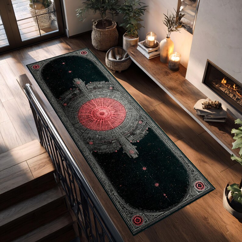 Pu&ograve; includere: Un lungo tappeto rettangolare con sfondo verde scuro e un design circolare dettagliato nei toni del rosso e del grigio. Il tappeto presenta un motivo geometrico ed &egrave; posizionato su un pavimento in legno vicino a una scala.