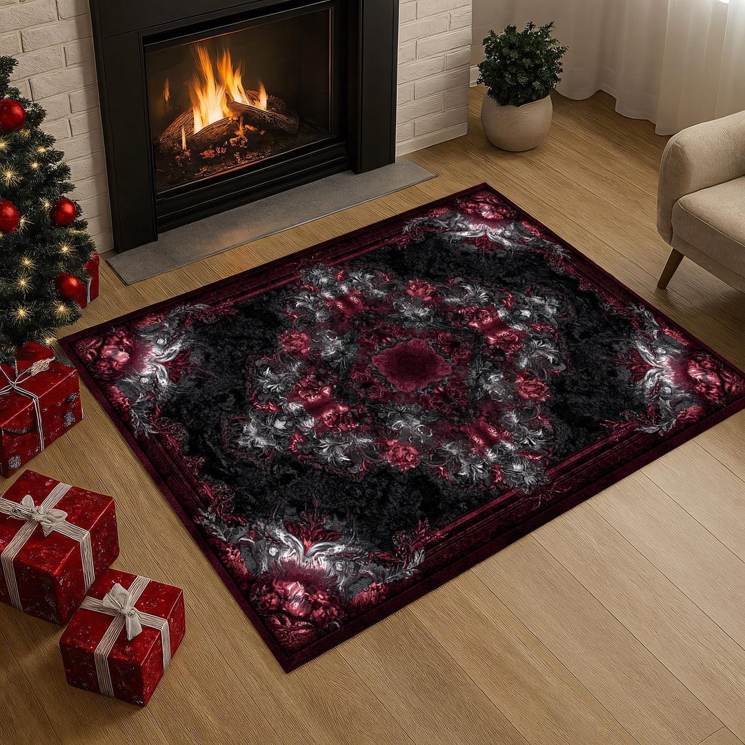 Baroque Floral Area Rug in Black Burgundy – Gothic Victorian Carpet for ...