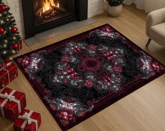 Baroque Floral Area Rug in Black Burgundy – Gothic Victorian Carpet for Living Room