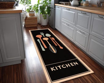 Alfombra de cocina antideslizante, lavable, color negro, con estampado de utensilios, de espuma suave y antifatiga.