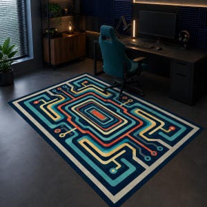 Op de afbeelding: Een rechthoekig vloerkleed met een geometrisch printpatroon van een printplaat in tinten blauw, oranje en geel. Het ontwerp bestaat uit concentrische rechthoekige lijnen en cirkelvormige knooppunten verbonden door paden op een donkerblauwe achtergrond.