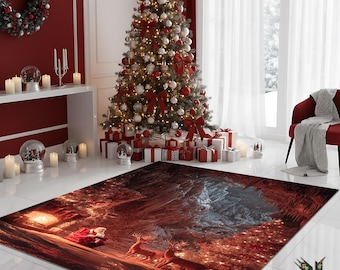 May include: A Christmas-themed rug featuring a detailed illustration of Santa Claus with reindeer in a winter landscape. The rug is placed in a room decorated for Christmas, with a decorated tree, gifts, and festive decor.