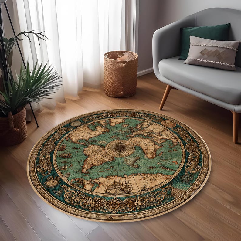 May include: A round area rug with a vintage world map design. The rug features a teal and tan color scheme with intricate details of continents, oceans, and sailing ships. The rug is placed on a hardwood floor.