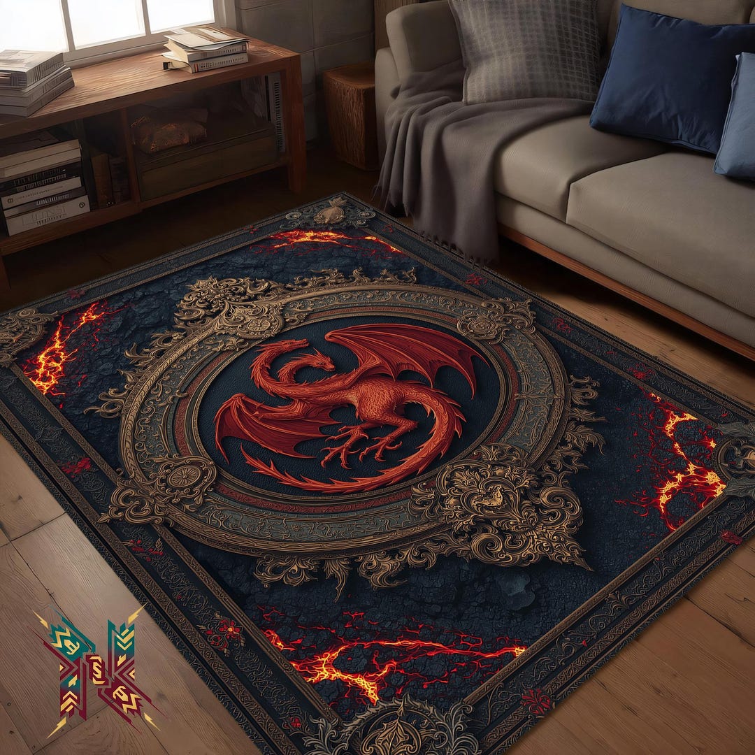 Fantasy Rug Collection Red Dragon Rug – Fantasy Lava Floor Art for Gamer Room or Medieval ...