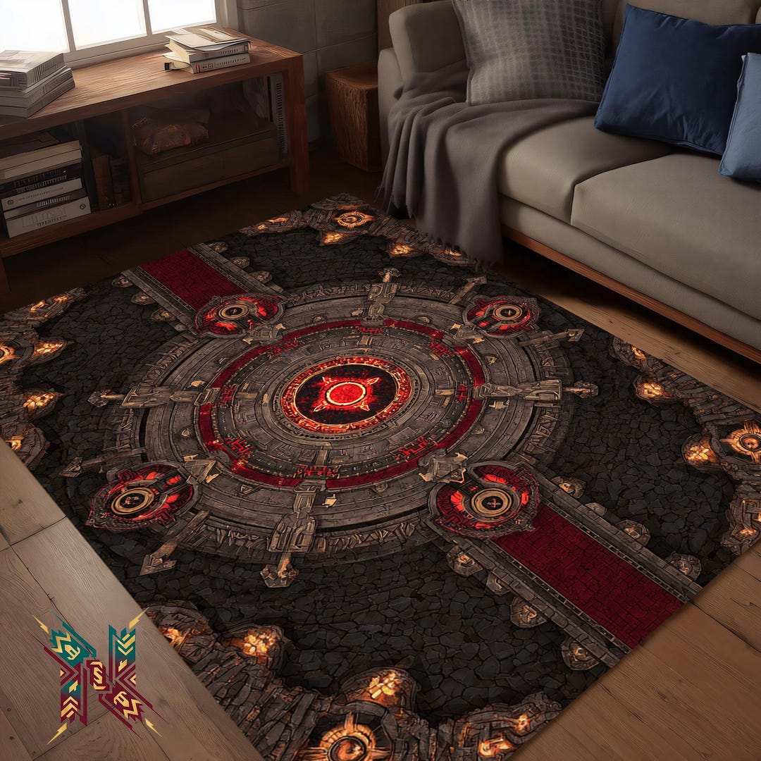 Punk Rugs Dark Steampunk Red Black Mechanical Mandala Area Rug Industrial Decor ...