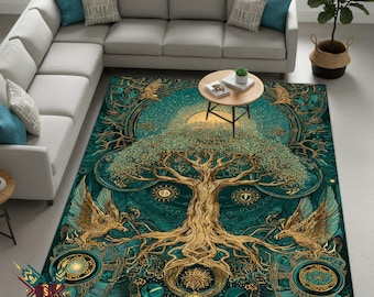 Tree of Life Area Rug – Gold and Green Celestial Boho Floor Art for Meditation or Home