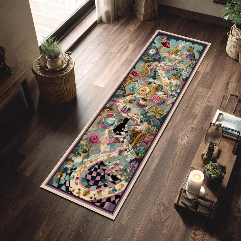 May include: A rectangular rug with a whimsical Alice in Wonderland design. The rug features a light blue background with illustrations of clocks, teacups, and characters. The border is a dark purple with a white trim.