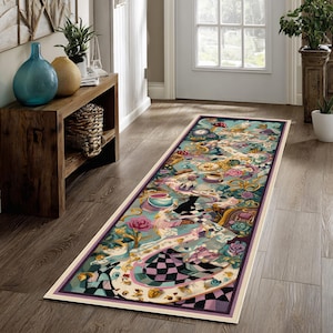 May include: A long, rectangular rug with a whimsical design featuring elements from Alice in Wonderland. The rug has a light blue background with illustrations of teacups, clocks, roses, and a checkerboard pattern. The border is a dark purple.