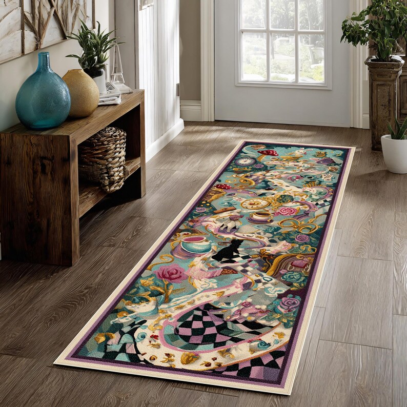 May include: A long, rectangular rug with a whimsical design featuring elements from Alice in Wonderland. The rug has a light blue background with illustrations of teacups, clocks, roses, and a checkerboard pattern. The border is a dark purple.