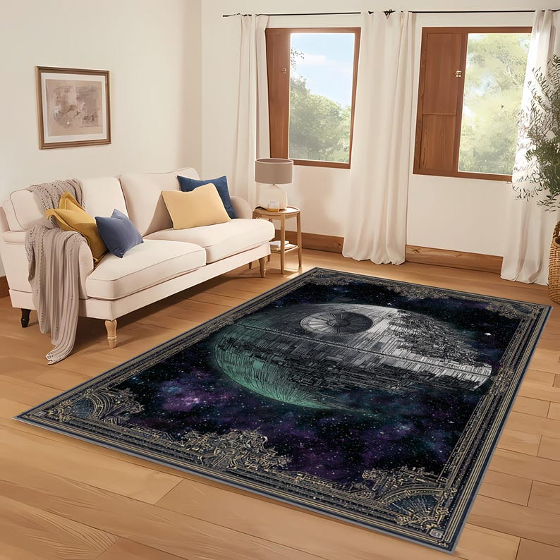 May include: Rectangular area rug featuring a Death Star design against a starry space background. The rug has a dark border with ornate detailing. The color palette includes shades of gray, green, blue, and purple. The rug is placed on a hardwood floor.