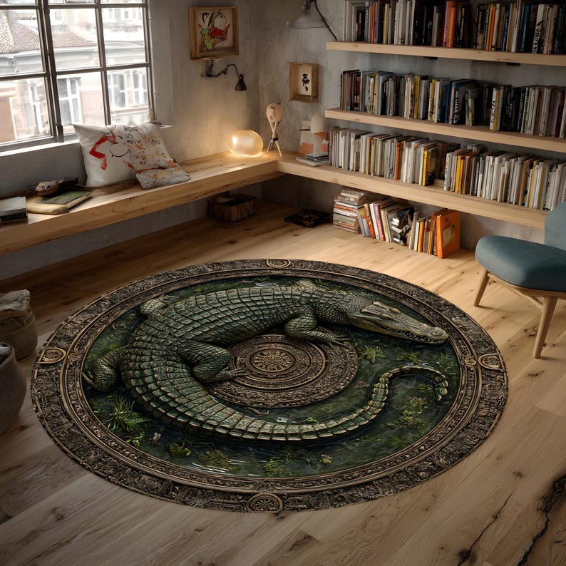 Peut inclure: Tapis rond avec un motif d&eacute;taill&eacute; de crocodile dans des tons verts et bruns. Le tapis a une bordure orn&eacute;e et est pos&eacute; sur un sol en bois. Le diam&egrave;tre du tapis est d'environ 200 cm, ajoutant une touche distinctive &agrave; une pi&egrave;ce.