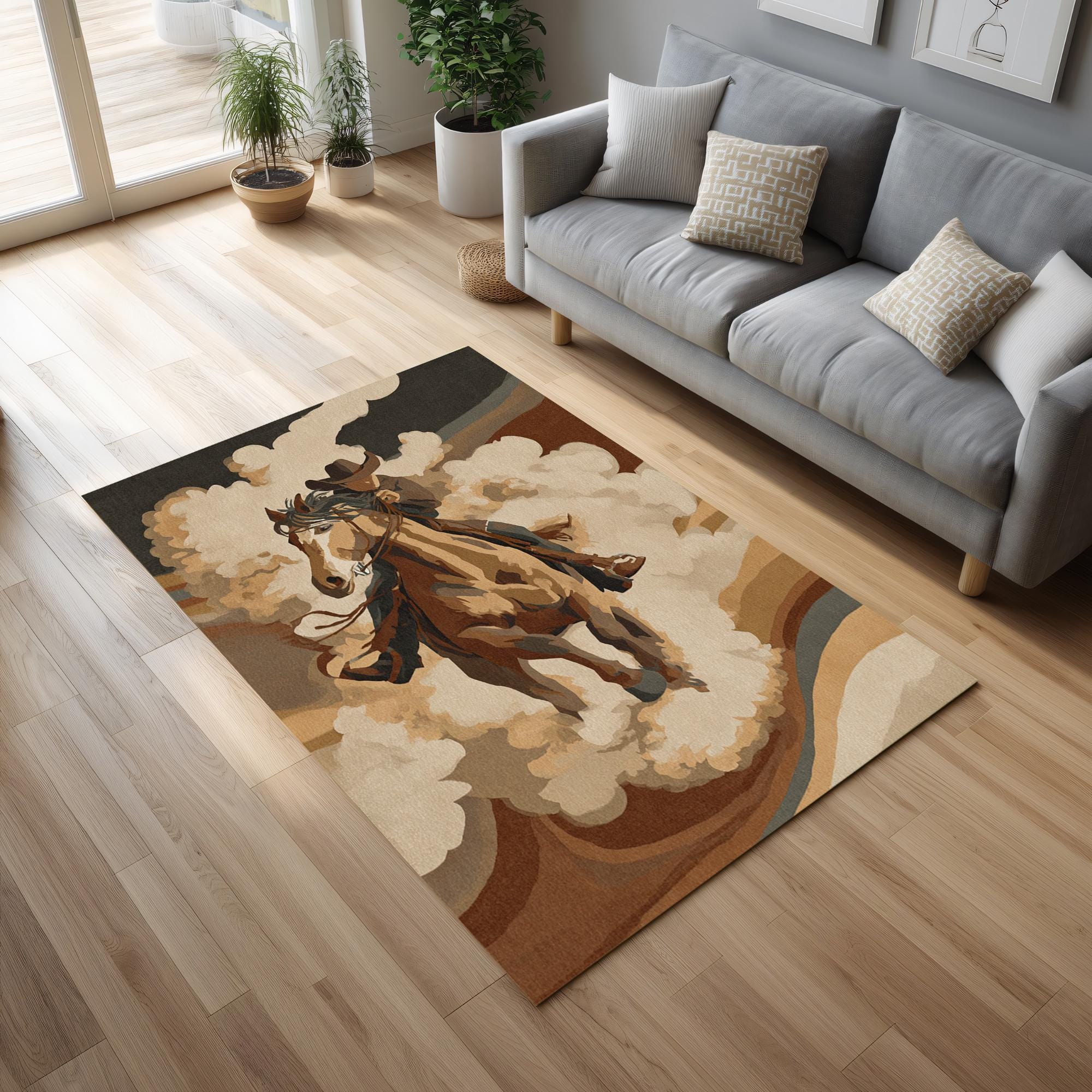 Western Cowboy Area Rug – Horseback Rider Carpet for Ranch or