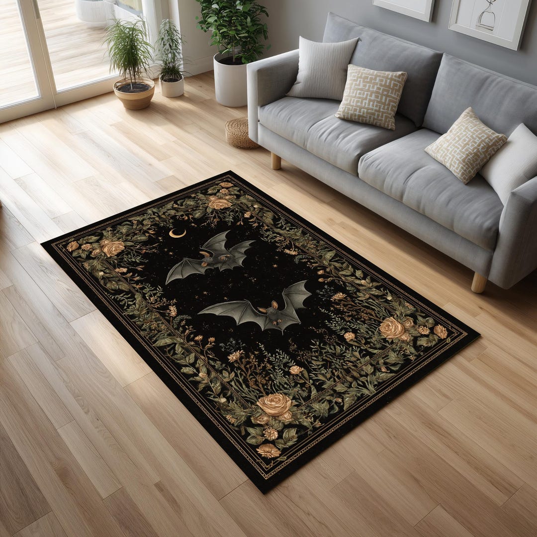 Gothic Bat Rug – Dark Floral Rug With Crescent Moon & Bats on Black ...