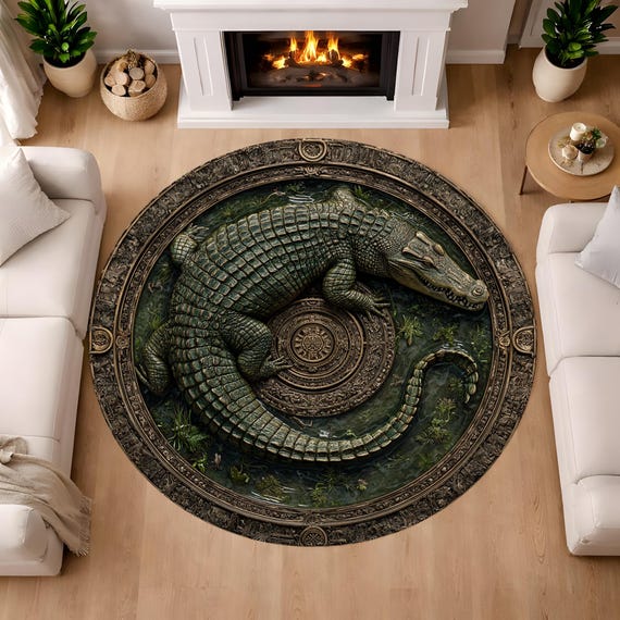 3D Alligator Round Area Rug Vintage Medallion Floor Carpet