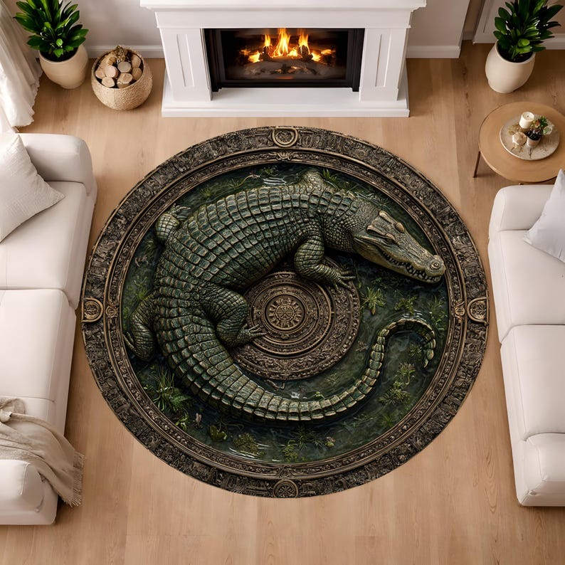 Peut inclure: Tapis rond avec un motif d&eacute;taill&eacute; de crocodile. Le tapis est principalement vert et marron, avec le crocodile au centre et une bordure &eacute;labor&eacute;e. Le tapis est pos&eacute; sur un sol en bois, avec une chemin&eacute;e et des meubles en arri&egrave;re-plan.