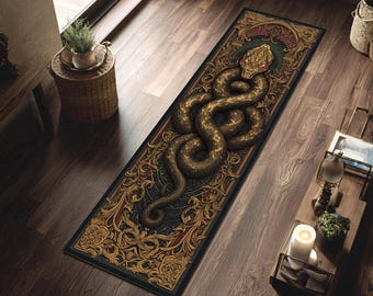 Ornate Snake Hallway Runner Rug Gothic Serpent Floor Mat Dark Luxury Decor