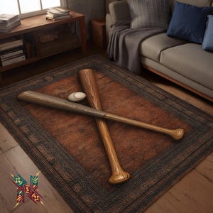 Op de afbeelding: Twee houten honkbalknuppels, één licht en één donker, liggen gekruist op een bruin tapijt, met een honkbal ertussen. De knuppels hebben een natuurlijke houtnerf. Het tapijt heeft een donkere rand.