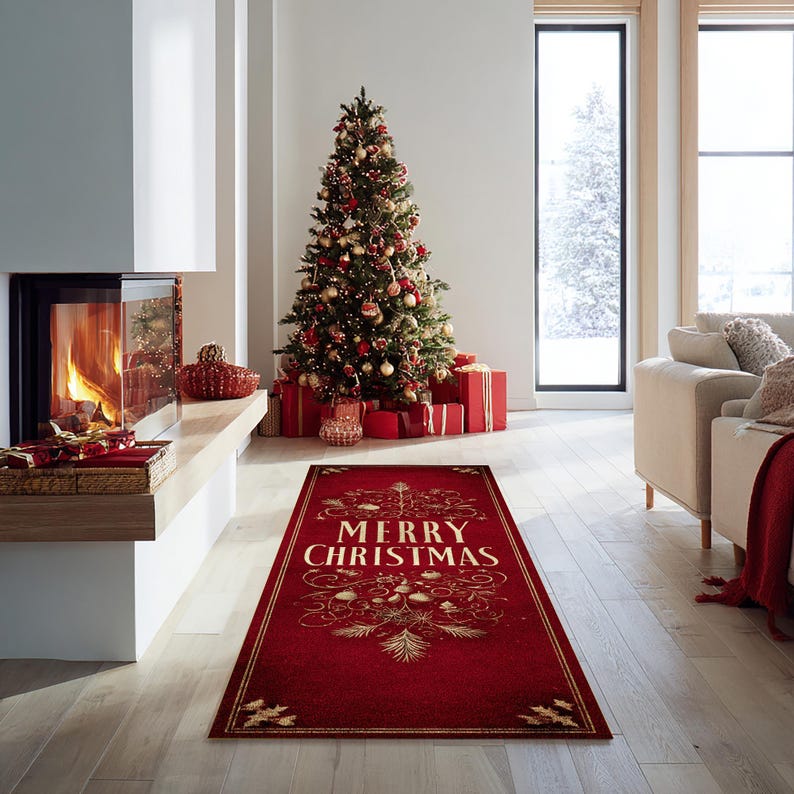 Op de afbeelding: Een kerstinterieur met een versierde kerstboom, cadeaus en een rood tapijt met gouden letters met de tekst "MERRY CHRISTMAS". Een open haard met een brandend vuur is zichtbaar. De kamer heeft een feestelijke sfeer.
