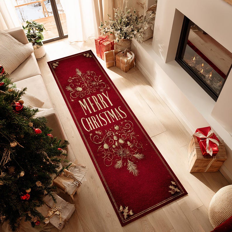Op de afbeelding: Een rechthoekige rode kerstlopermat met de woorden "MERRY CHRISTMAS" in witte letters. De loper heeft gouden decoratieve accenten en ligt op een lichte houten vloer. Cadeaus en een kerstboom zijn op de achtergrond te zien.