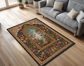 May include: A rectangular area rug with a dark blue border and a central framed image of a landscape scene. The rug features floral and botanical patterns in shades of red, orange, and green, with a gold-colored frame around the central image.