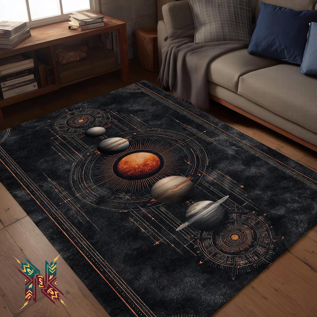 Solar Geometry Space Rug – Planet Alignment Area Rug With Orange ...
