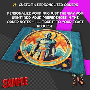 May include: A rectangular rug with a teal background and a circular design featuring a Mandalorian character in a retro style. The rug has the text "CUSTOM & PERSONALIZED ORDERS" and "SAMPLE".